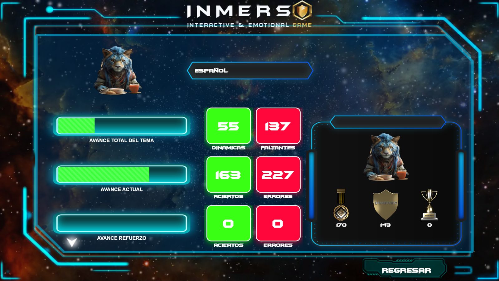 INMERSO GAME · Avances INMERSO GAME · Avance del alumno con medallas