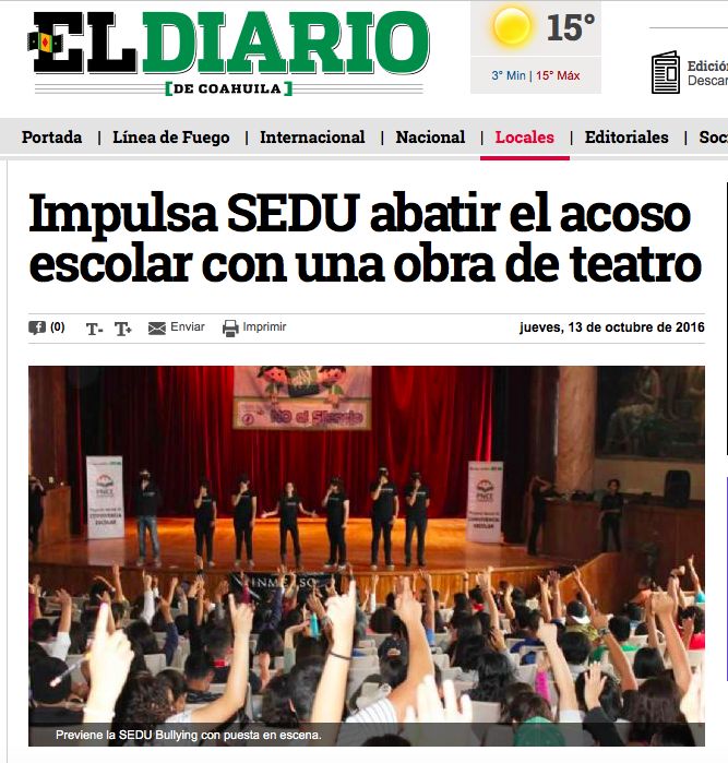 El Diario de Coahuila: «Impulsa SEDU abatir el acoso escolar con una obra de teatro»
